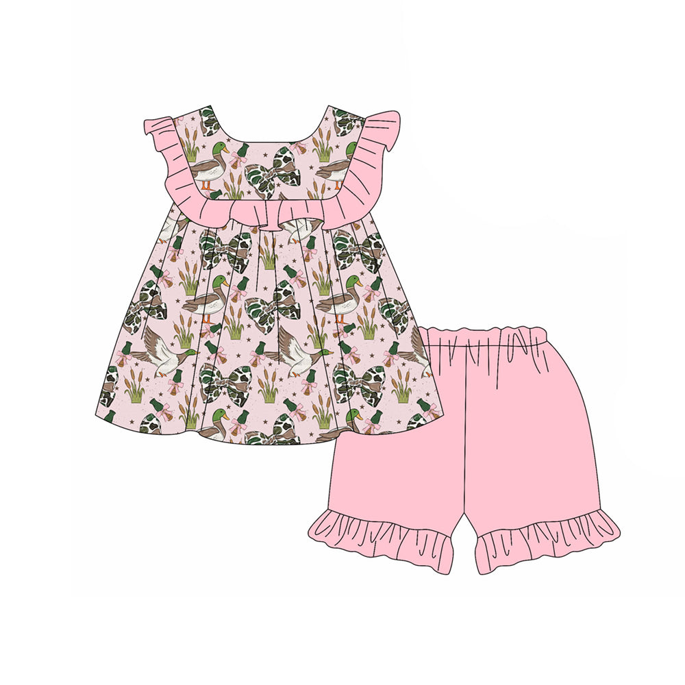 Baby Girls Sleeveless Camo Bows Ducks Tunic Ruffle Short Hunting Clothes Set Preorder