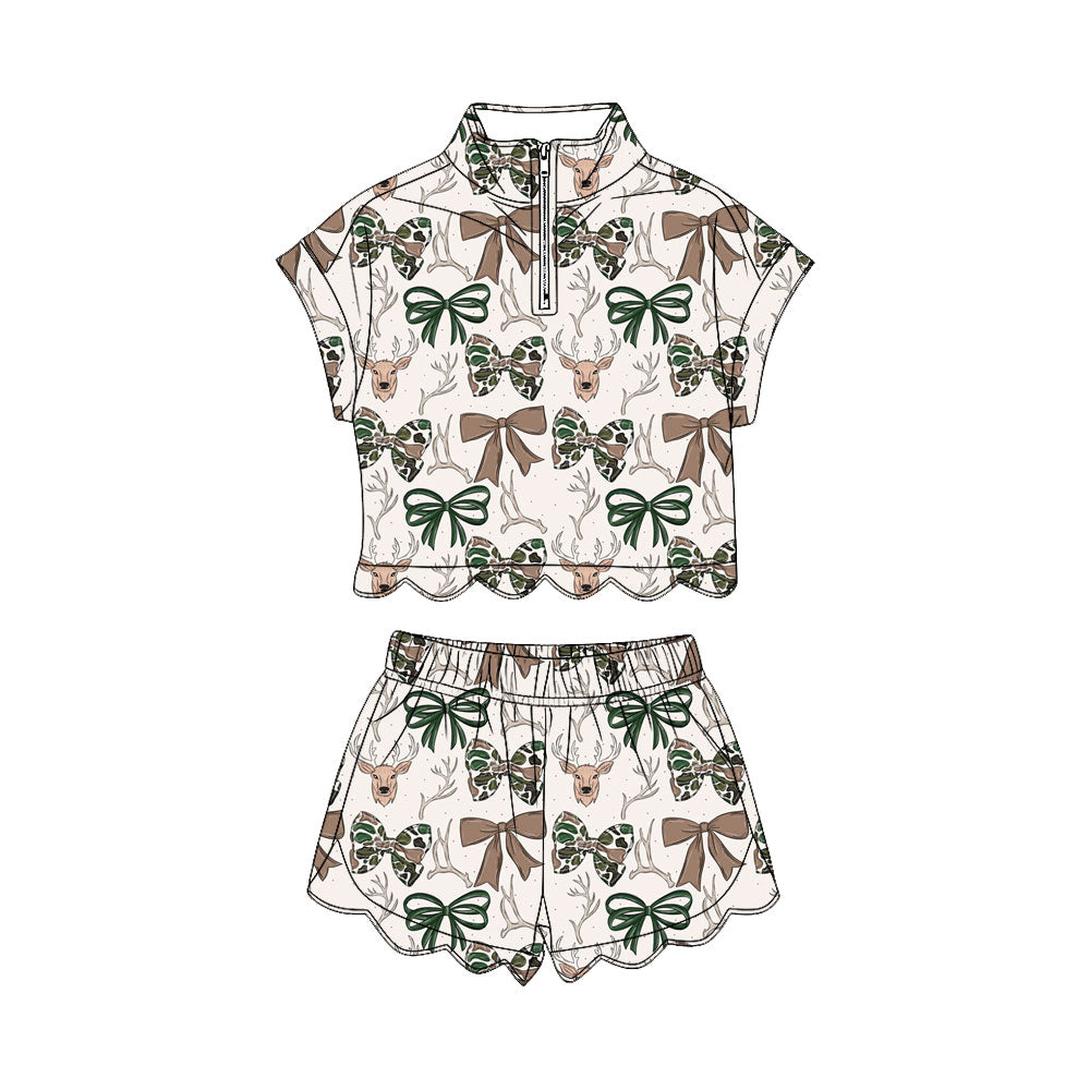 Baby Girls Camo Bows Deer Zipper Top Short Scallop Hunting Clothes Sets Preorder