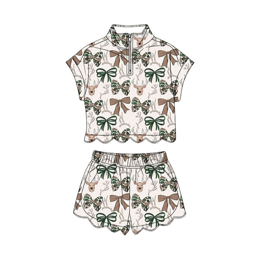 Baby Girls Camo Bows Deer Zipper Top Short Scallop Hunting Clothes Sets Preorder