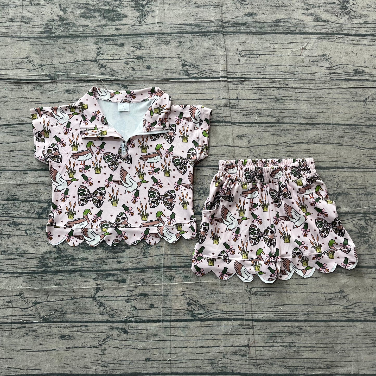 Baby Girls Camo Bows Ducks Zipper Top Short Scallop Hunting Clothes Sets Preorder