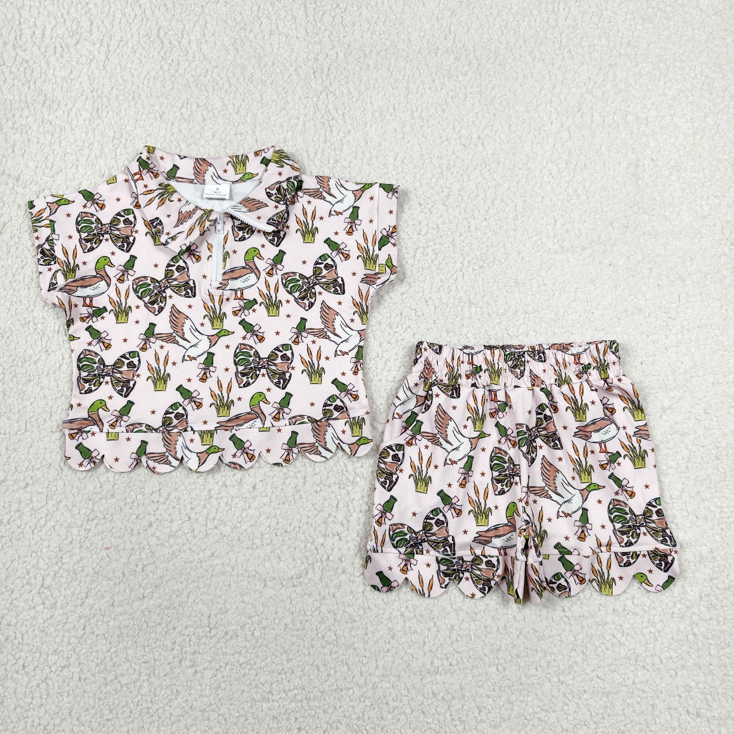 Baby Girls Camo Bows Ducks Zipper Top Short Hunting Scallop Clothes Sets
