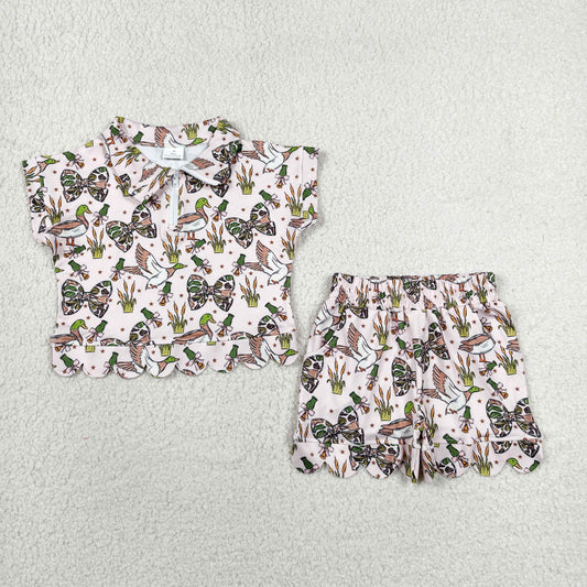 Baby Girls Camo Bows Ducks Zipper Top Short Hunting Scallop Clothes Sets