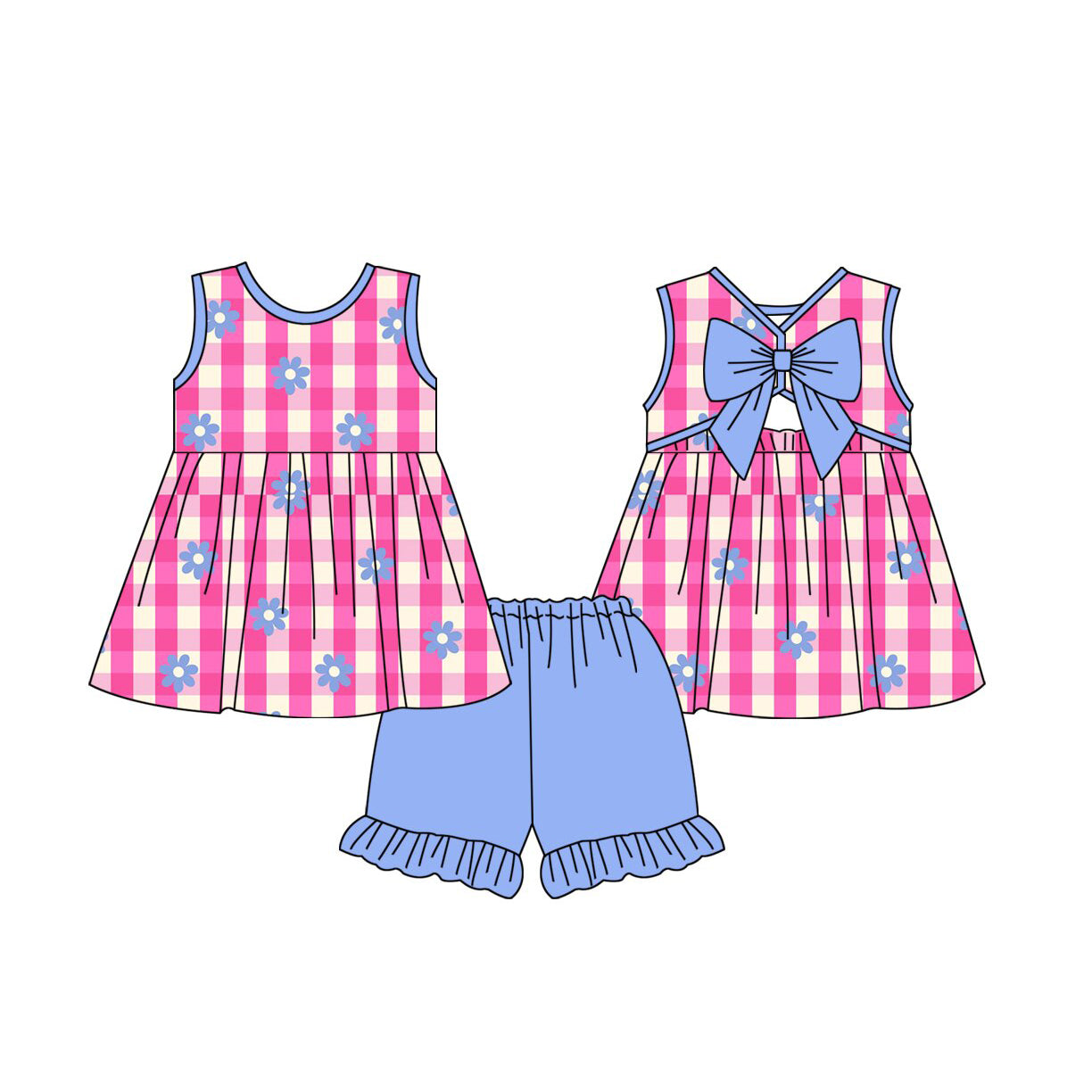 Baby Girls Sleeveless Pink Checked Flowers Tunic Ruffle Short Clothes Set Preorder
