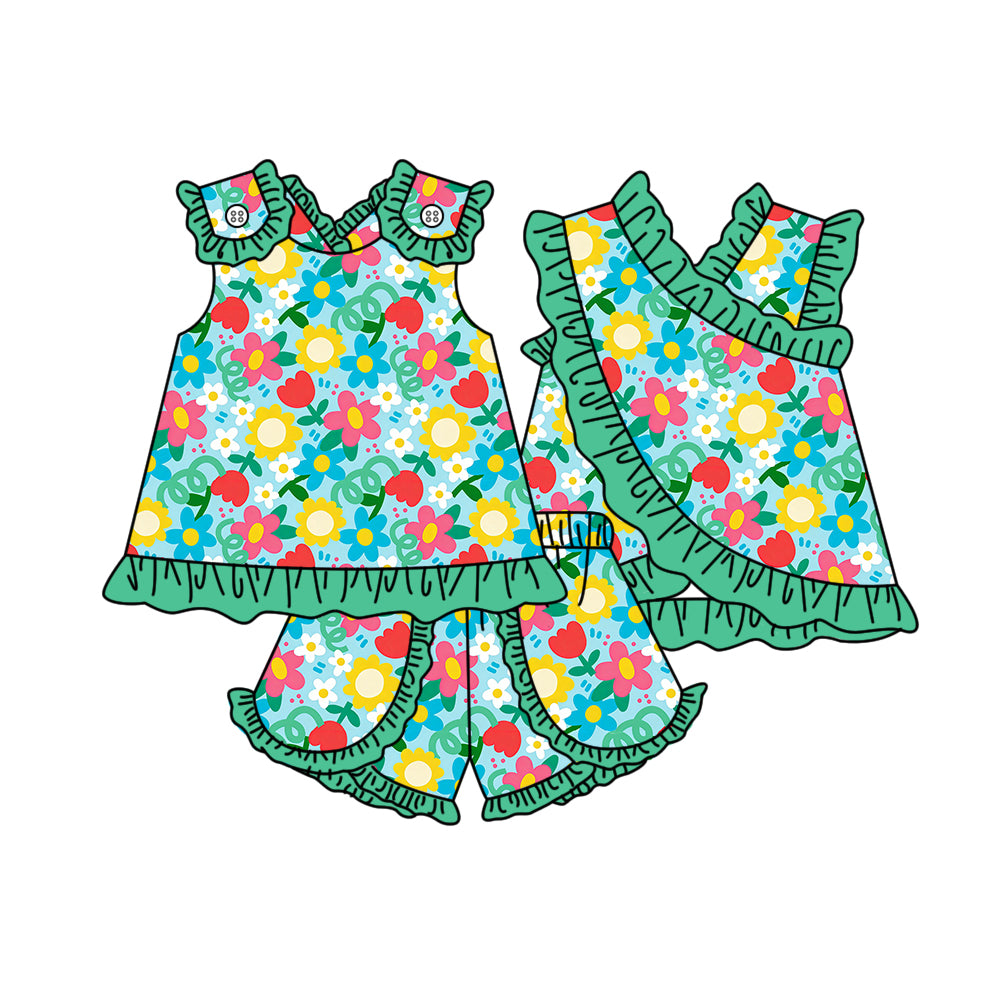Baby Girls Sleeveless Colorful Flowers Tunic Ruffle Short Clothes Set Preorder