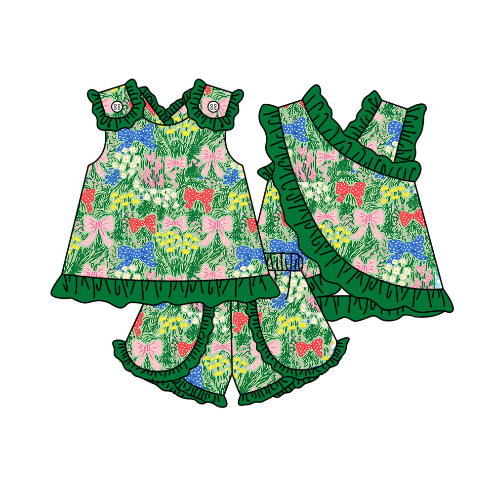 Baby Girls Sleeveless Colorful Flowers Bows Tunic Ruffle Short Clothes Set Preorder