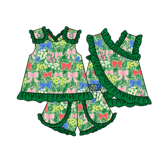 Baby Girls Sleeveless Colorful Flowers Bows Tunic Ruffle Short Clothes Set Preorder