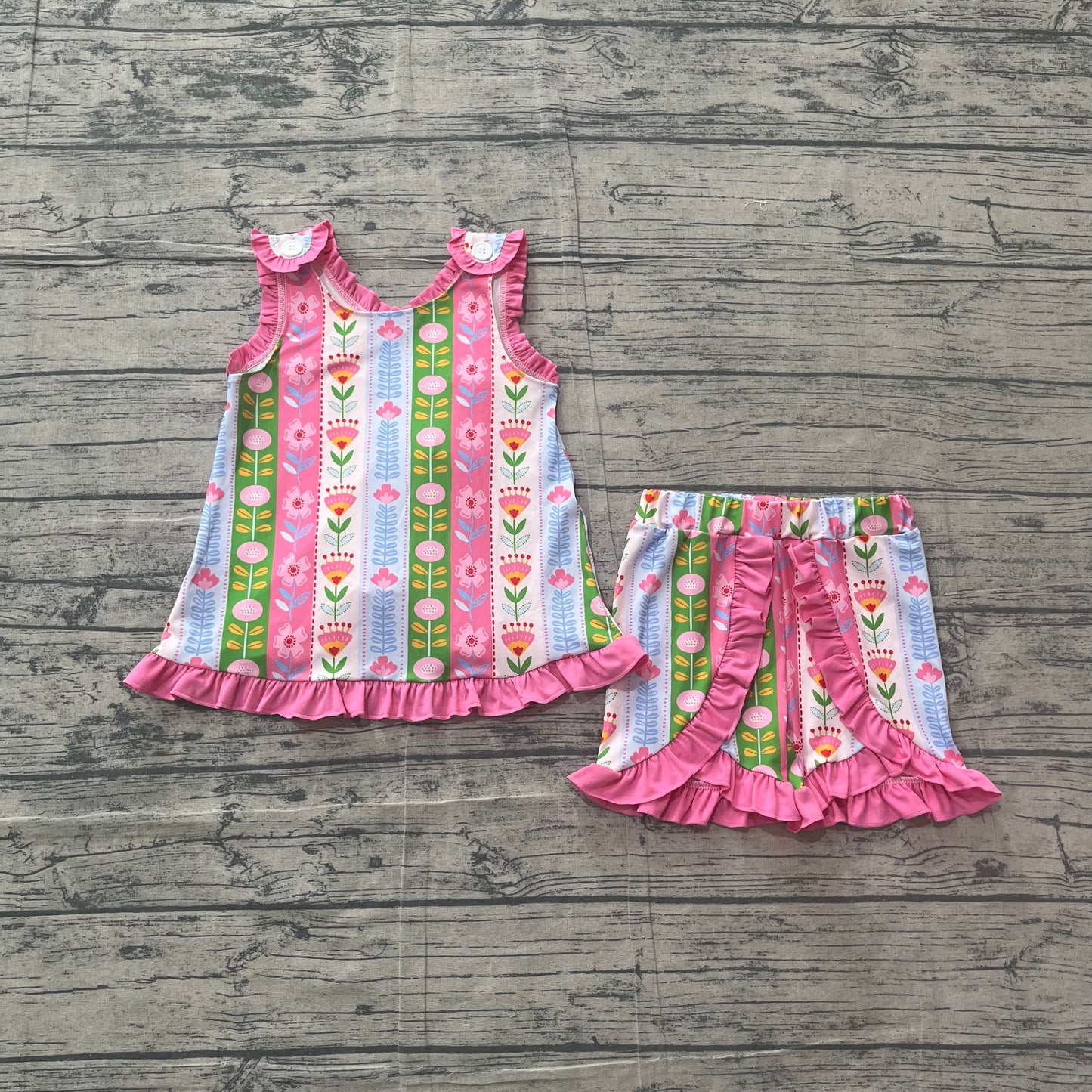 Baby Girls Sleeveless Colorful Flowers Stripe Tunic Ruffle Short Clothes Set