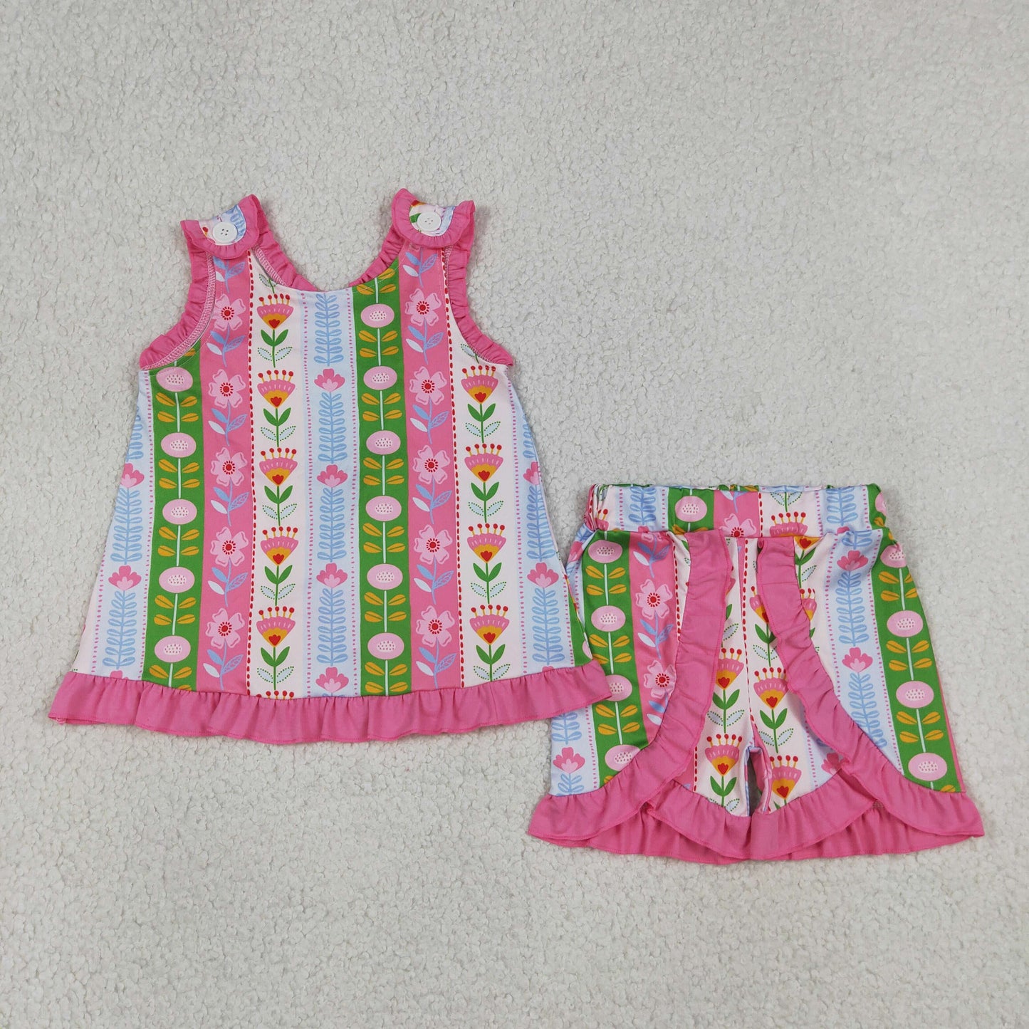 Baby Girls Sleeveless Colorful Flowers Stripe Tunic Ruffle Short Clothes Set