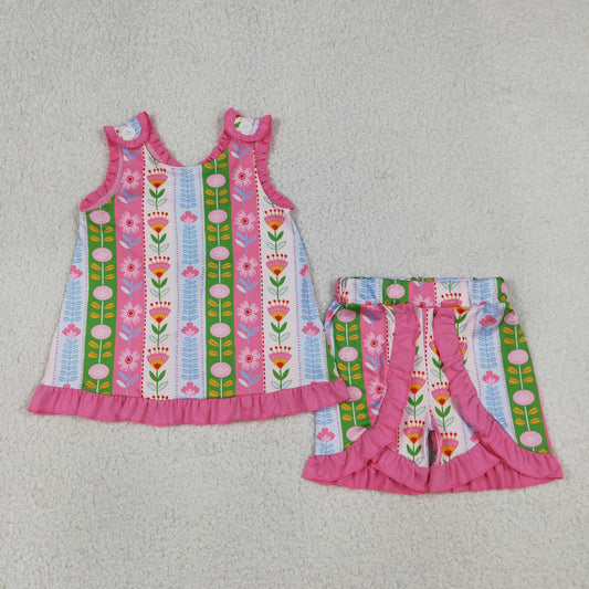 Baby Girls Sleeveless Colorful Flowers Stripe Tunic Ruffle Short Clothes Set