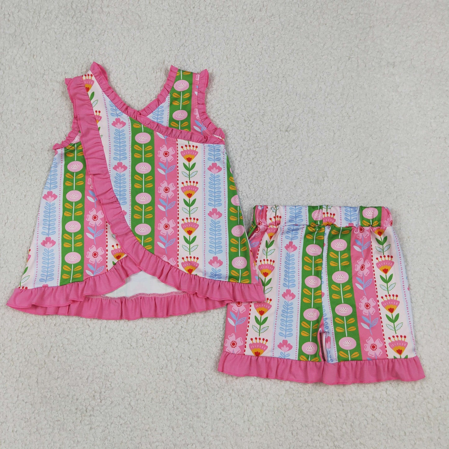 Baby Girls Sleeveless Colorful Flowers Stripe Tunic Ruffle Short Clothes Set