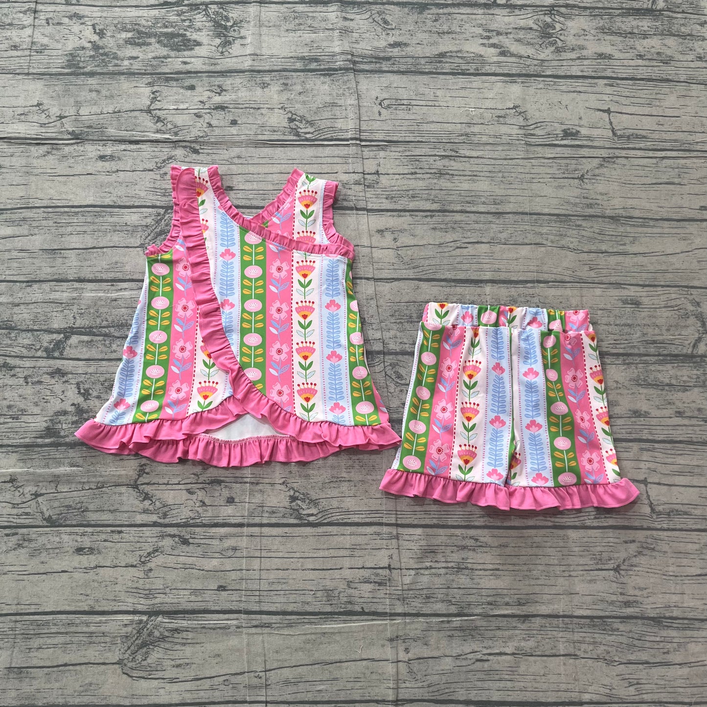 Baby Girls Sleeveless Colorful Flowers Stripe Tunic Ruffle Short Clothes Set