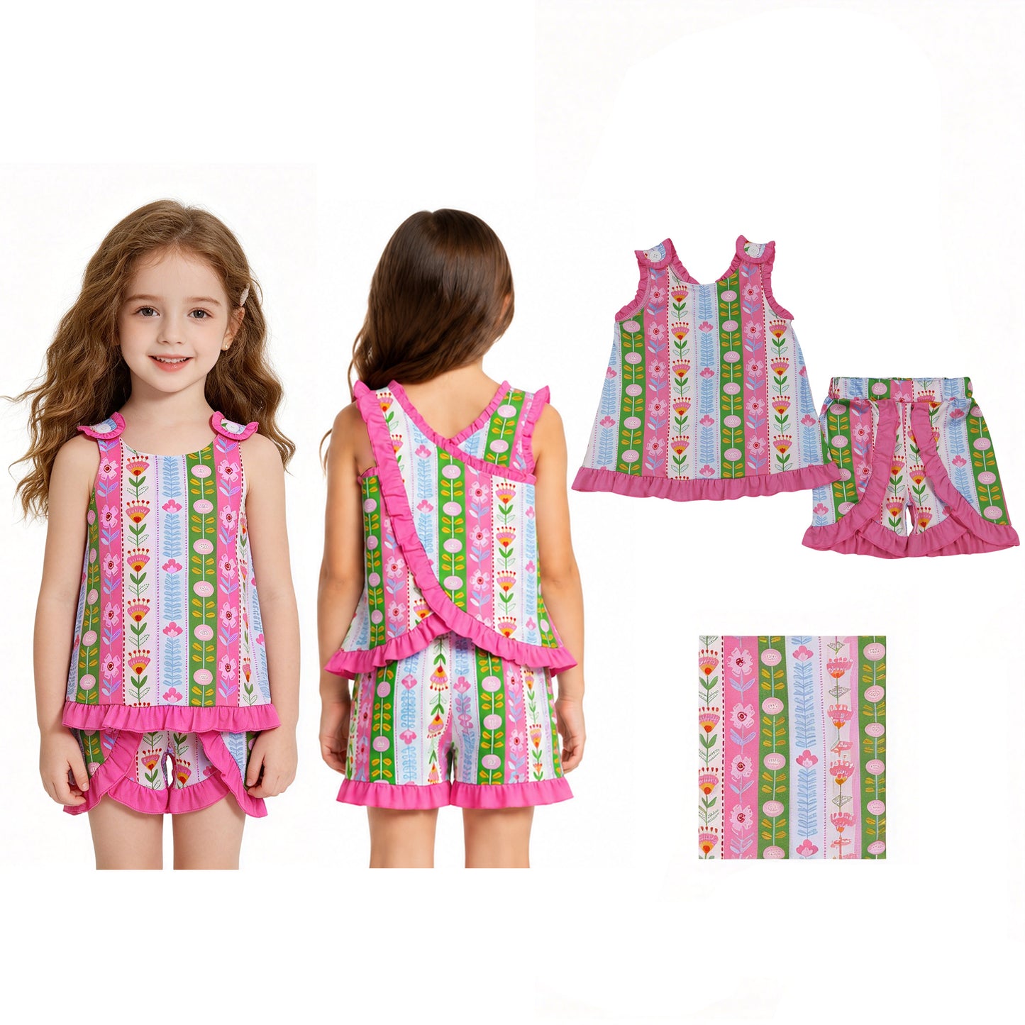Baby Girls Sleeveless Colorful Flowers Stripe Tunic Ruffle Short Clothes Set