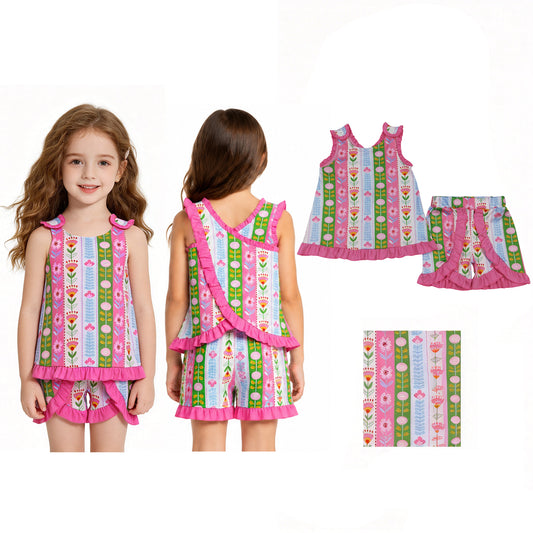 Baby Girls Sleeveless Colorful Flowers Stripe Tunic Ruffle Short Clothes Set