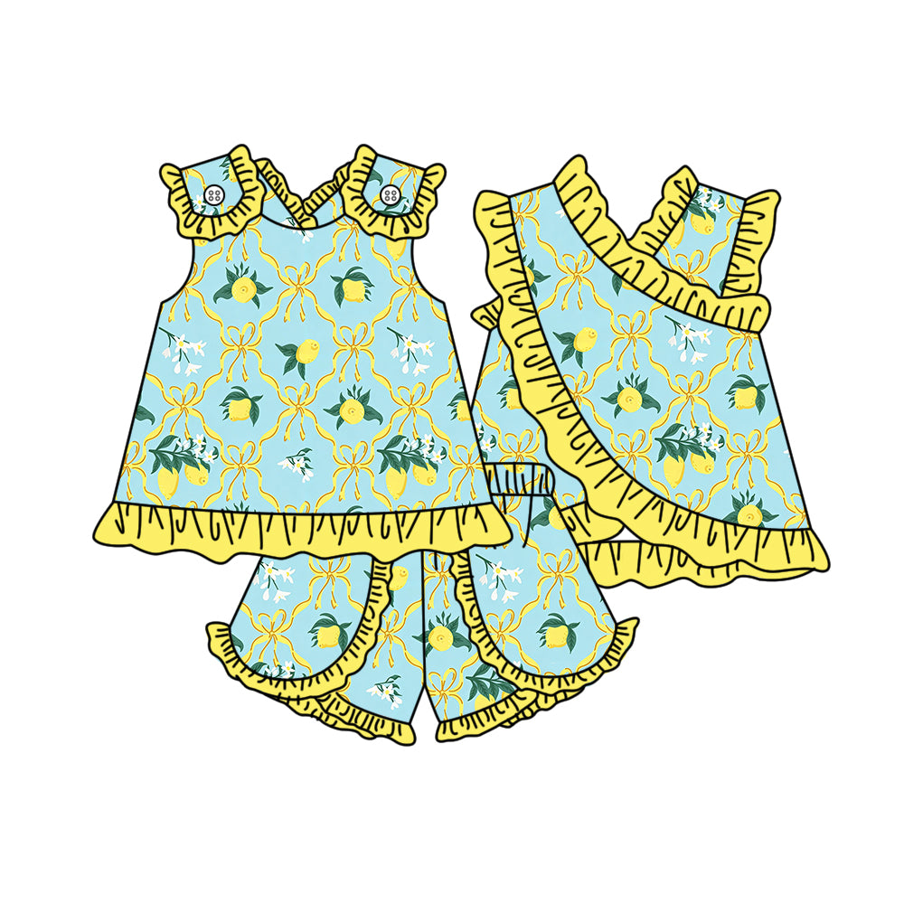 Baby Girls Sleeveless Lemons Bows Checked Tunic Ruffle Short Clothes Set Preorder