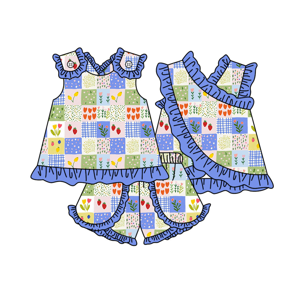 Baby Girls Sleeveless Colorful Flowers Checked Tunic Ruffle Short Clothes Set Preorder