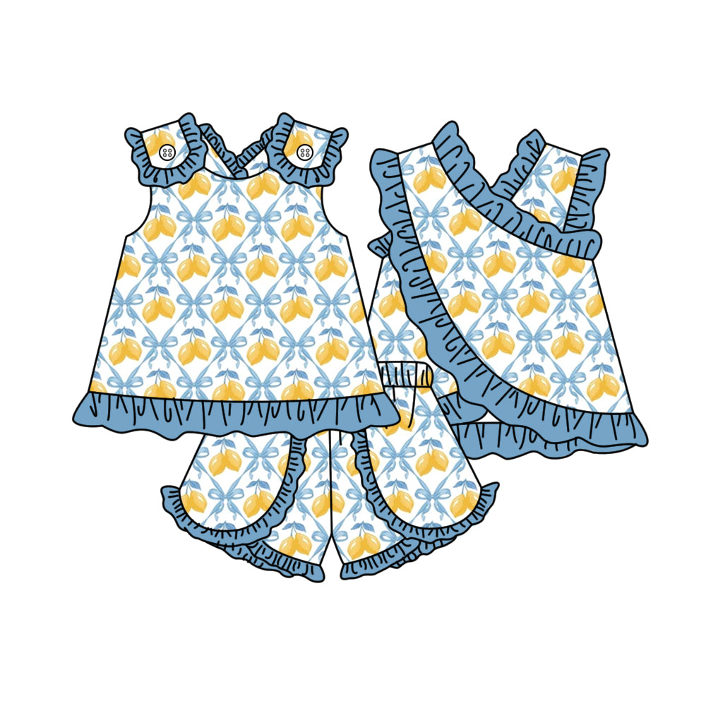 Baby Girls Sleeveless Lemons Bows Checked Tunic Ruffle Short Clothes Set Preorder