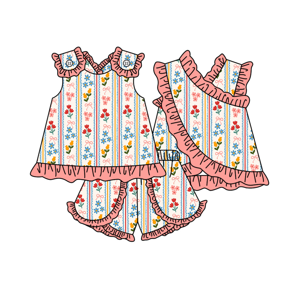 Baby Girls Sleeveless Flowers Bows Stripe Tunic Ruffle Short Clothes Set Preorder
