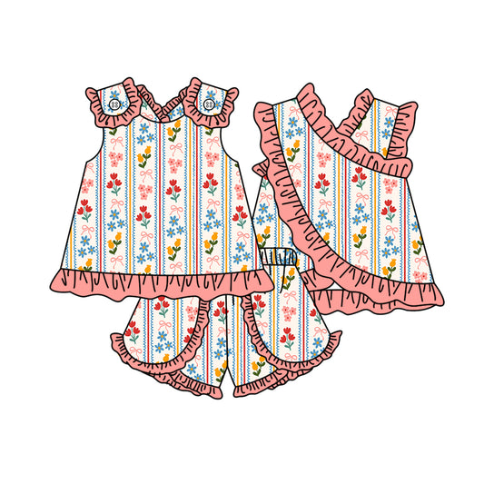 Baby Girls Sleeveless Flowers Bows Stripe Tunic Ruffle Short Clothes Set Preorder