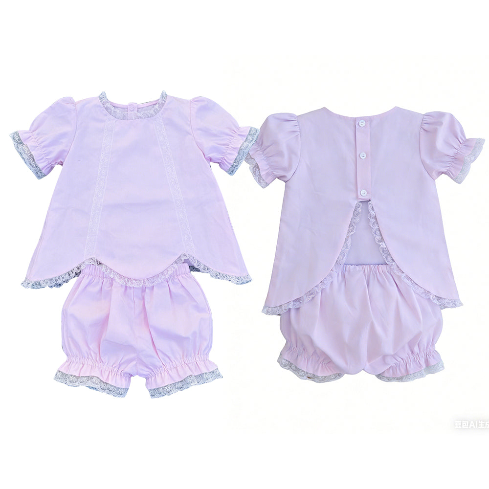 Baby Girls Lavender Short Sleeve Lace Scallop Tunic Ruffle Short Clothes Set Preorder