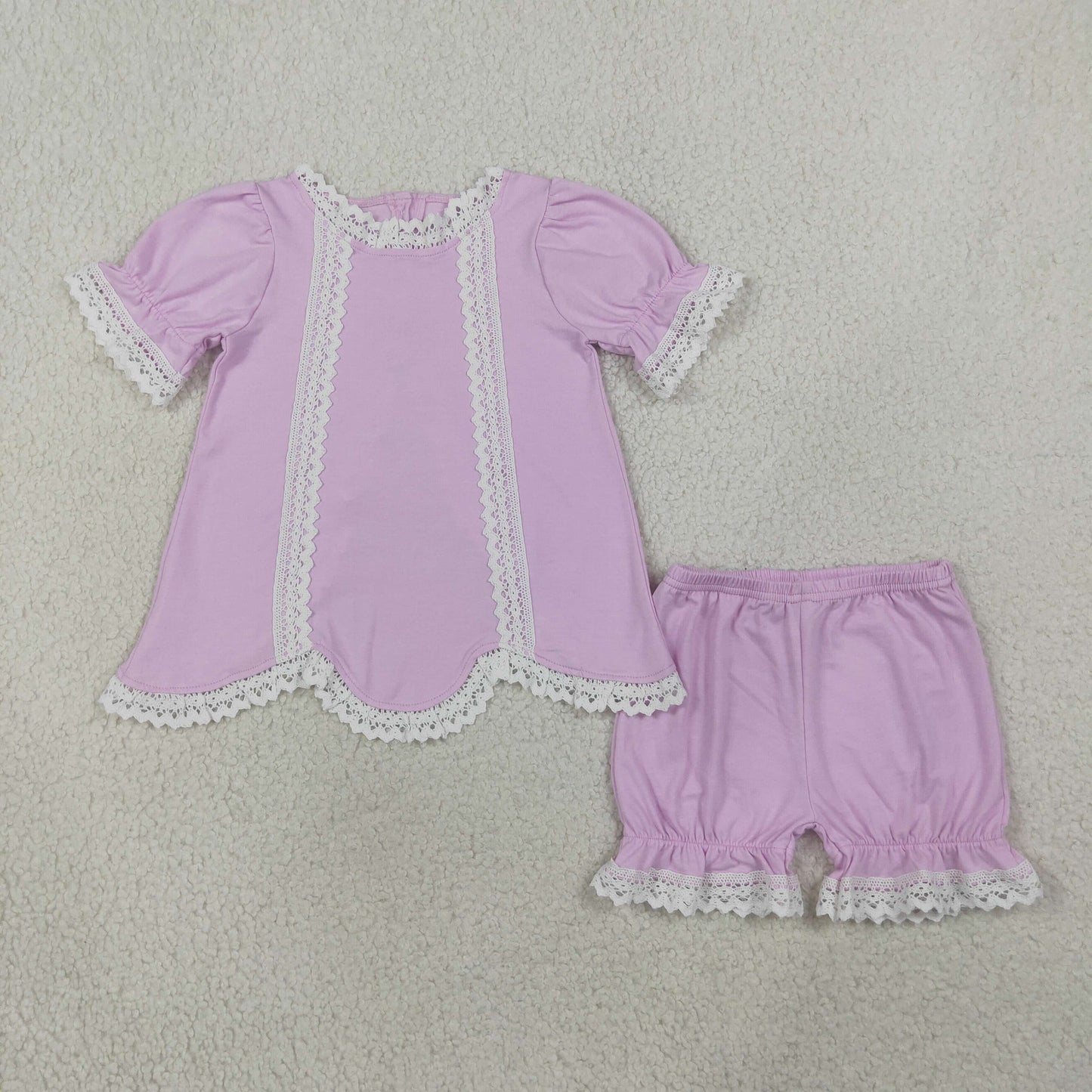 Baby Girls Short Sleeve Lavender Lace Back Button Tunic Ruffle Short Clothes Set