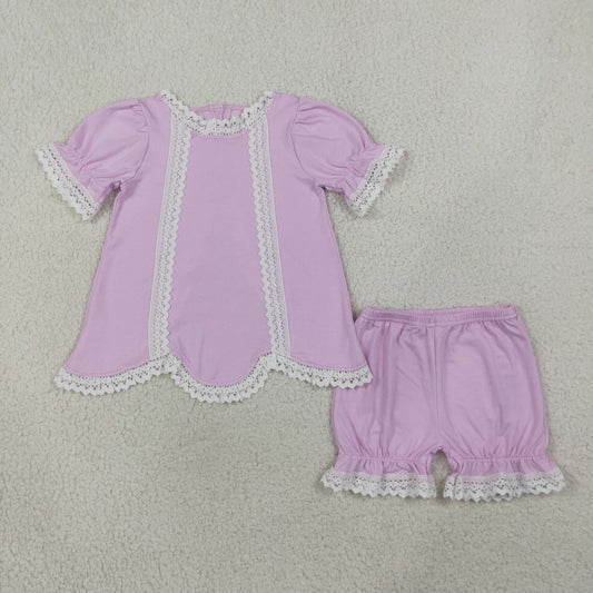 Baby Girls Short Sleeve Lavender Lace Back Button Tunic Ruffle Short Clothes Set