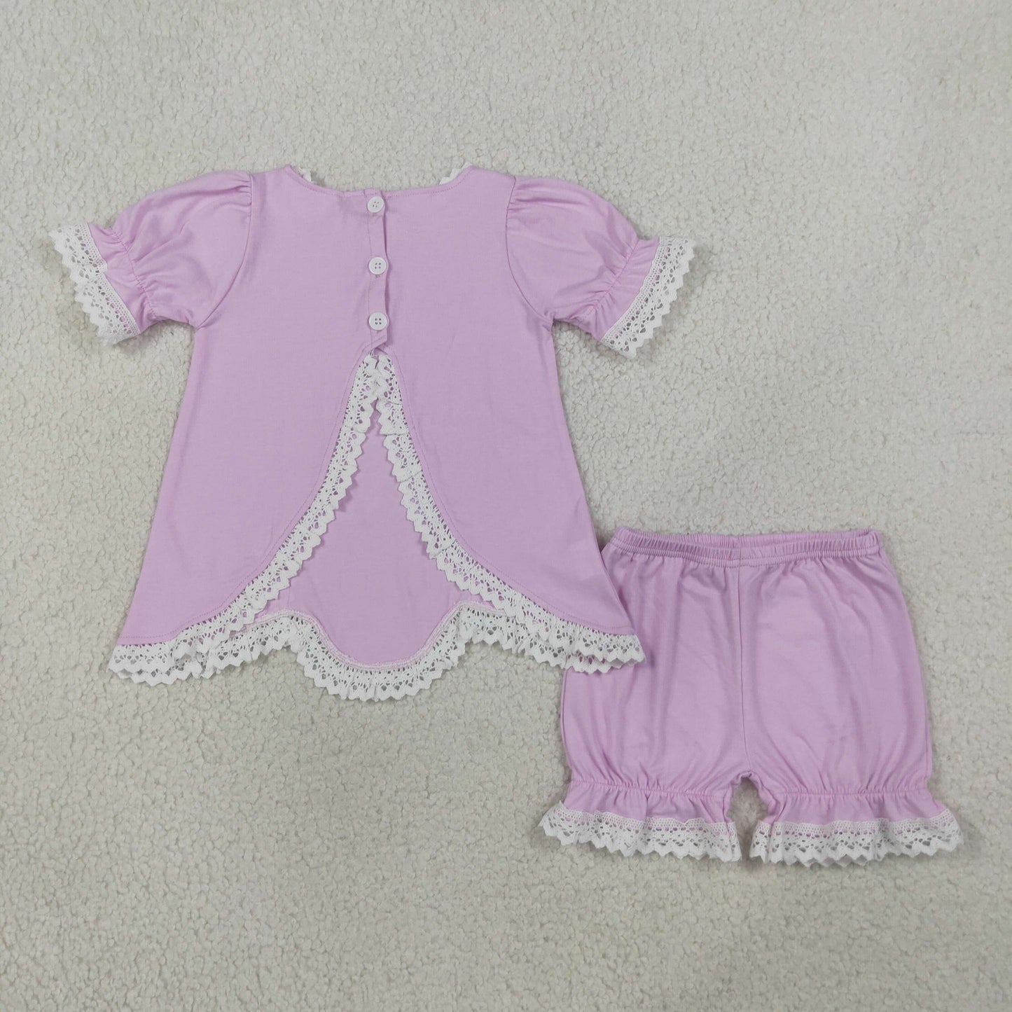 Baby Girls Short Sleeve Lavender Lace Back Button Tunic Ruffle Short Clothes Set