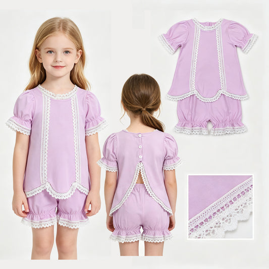 Baby Girls Short Sleeve Lavender Lace Back Button Tunic Ruffle Short Clothes Set