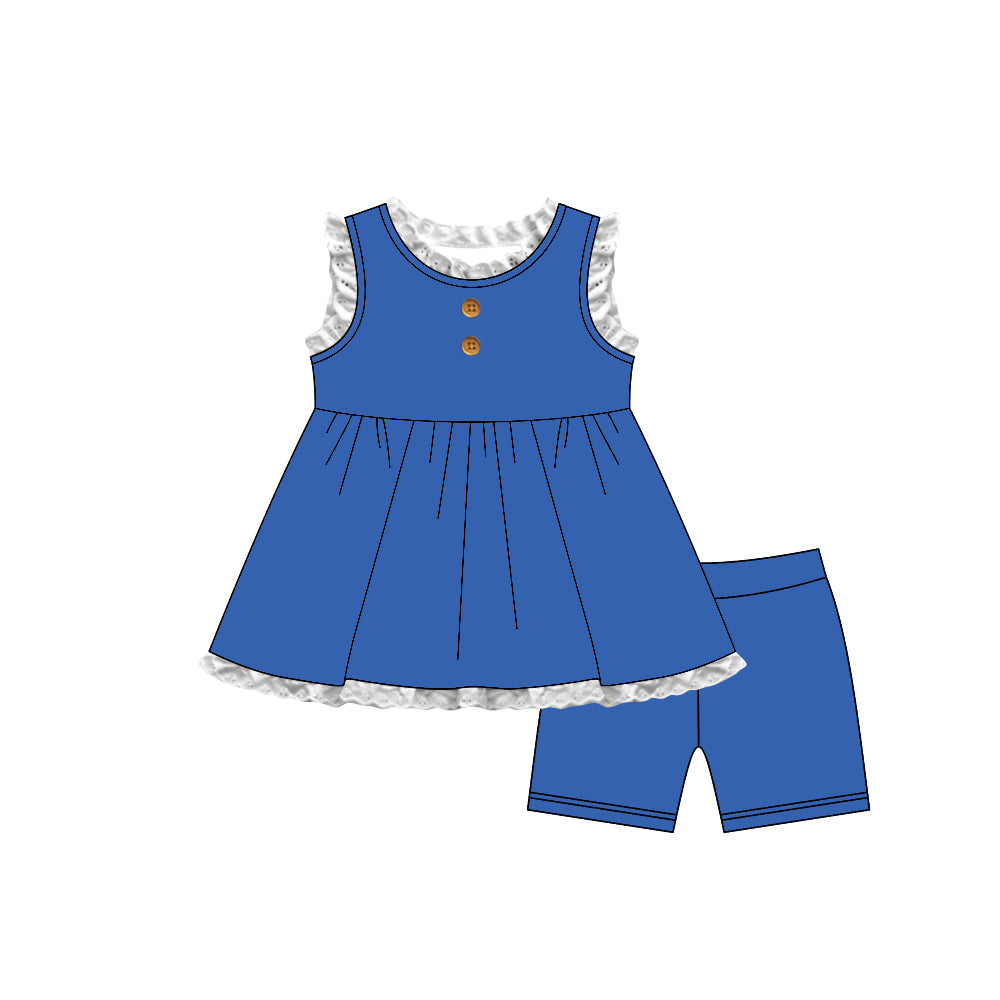Baby Girls Hot Blue Sleeveless Button Tunic Short Clothes Set Preorder