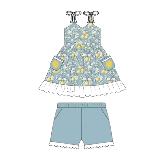 Baby Girls Strap Lemon Flowers Pockets Tunic Short Clothes Set Preorder