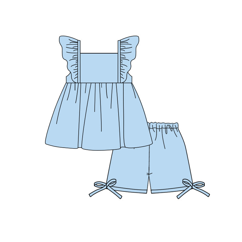 Baby Girls Blue Flutter Sleeve Tunic Short Clothes Set Preorder