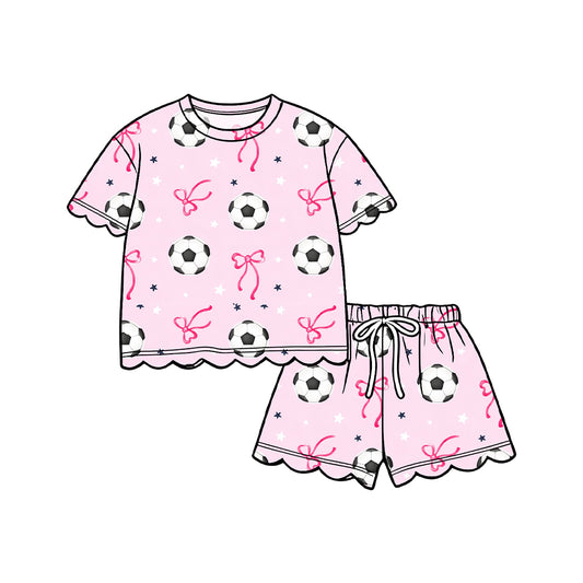 Baby Girls Short Sleeve Footballs Bows Top Short Team Scallop Clothes Set Preorder
