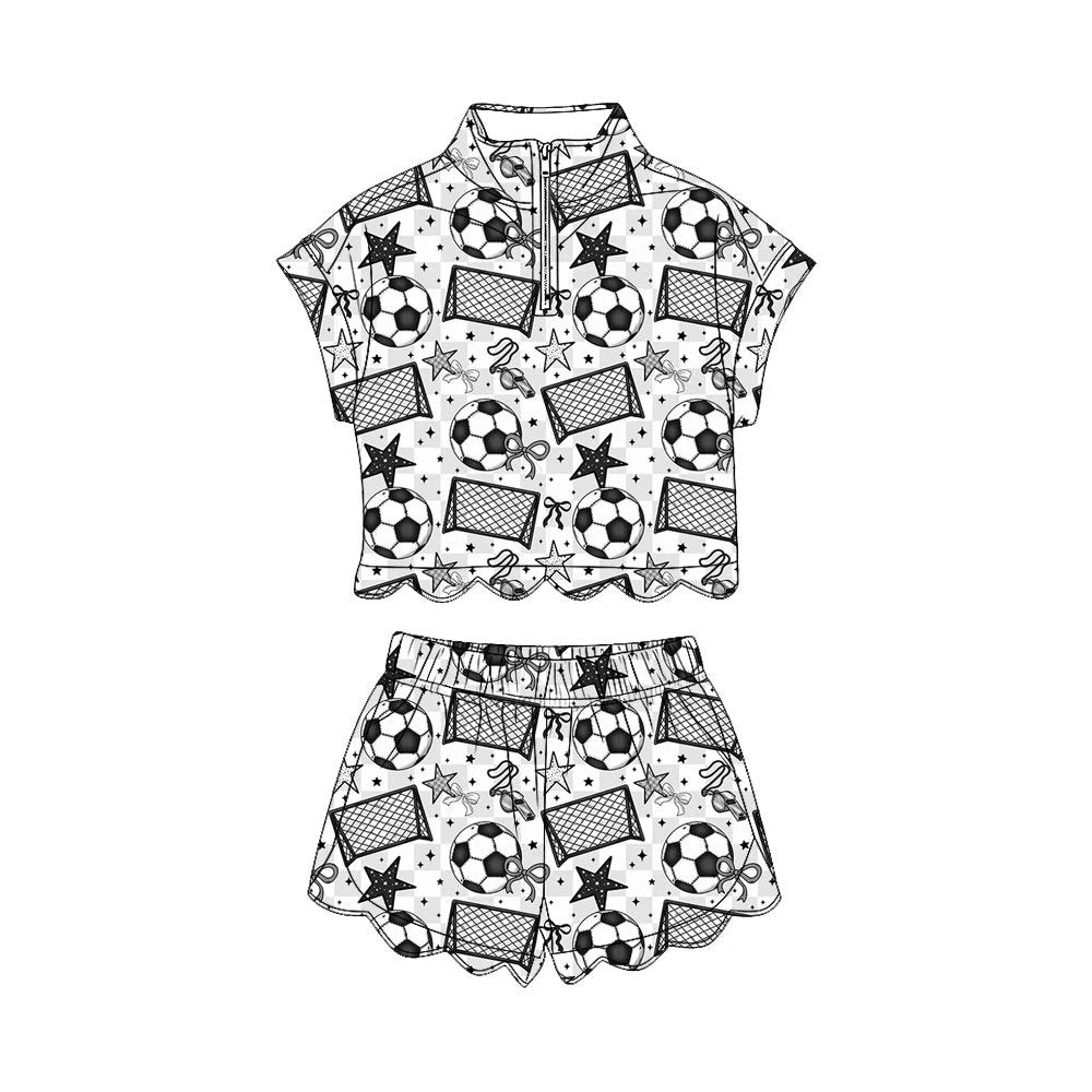 Baby Girls Black Footballs Bows Zip Top Short Team Scallop Clothes Set Preorder