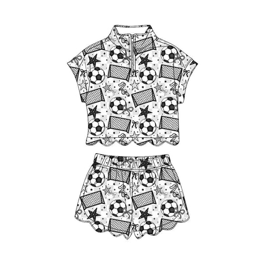 Baby Girls Black Footballs Bows Zip Top Short Team Scallop Clothes Set Preorder