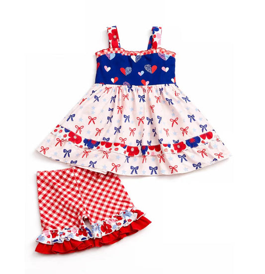 Baby Girls Strap Bows Flowers Tunic Checked Ruffle Short 4th of July Clothes Set Preorder