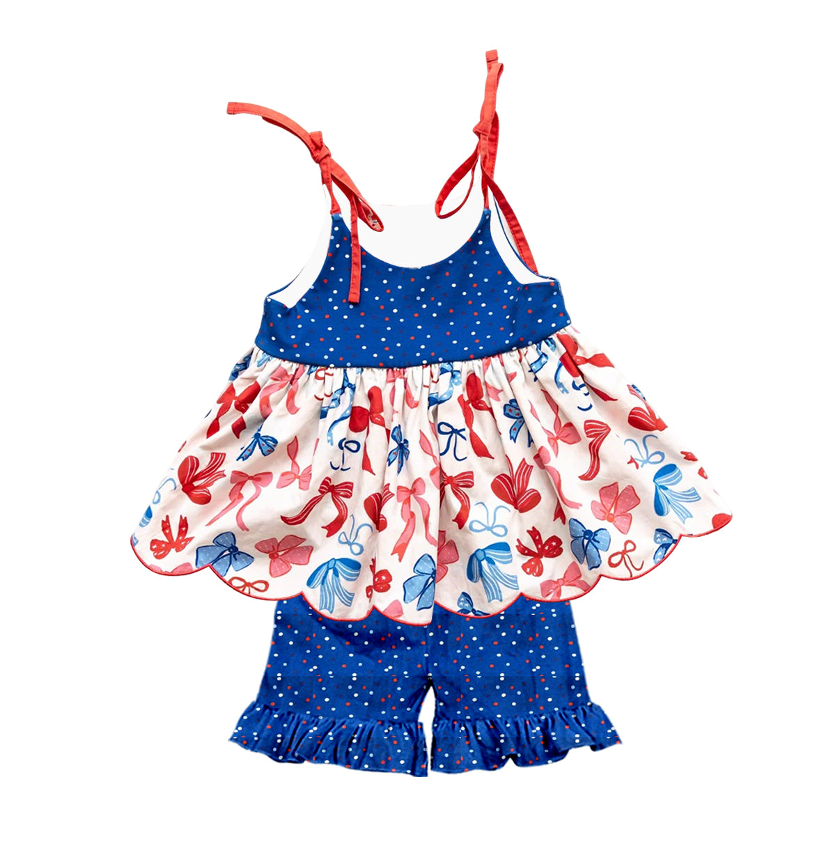 Baby Girls Strap Bows Polka Dots Tunic Ruffle Short 4th of July Clothes Set Preorder