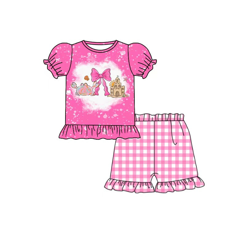 Baby Girls Bows Crab Beach Tunic Checked Ruffle Short Clothes Set Preorder