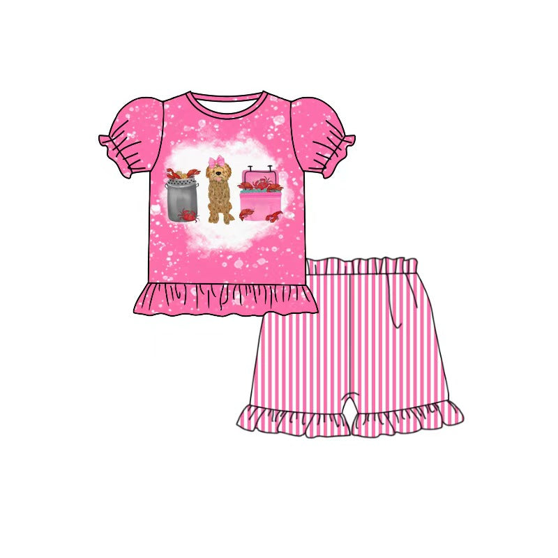 Baby Girls Bows Dog Crayfishes Tunic Stripe Ruffle Short Clothes Set Preorder