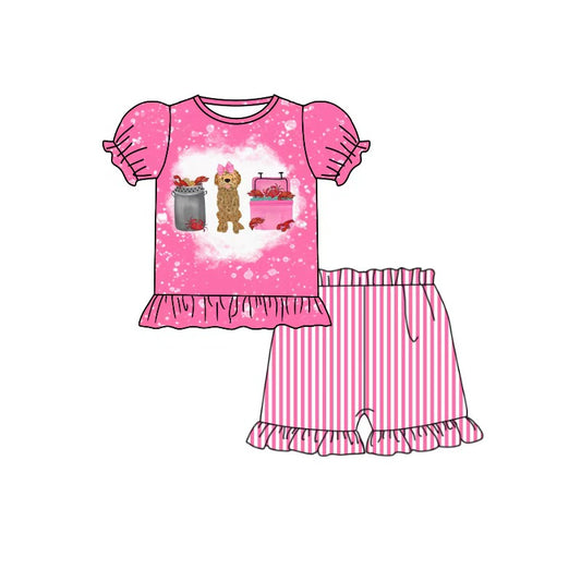 Baby Girls Bows Dog Crayfishes Tunic Stripe Ruffle Short Clothes Set Preorder