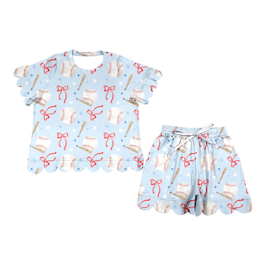 Adult Women Baseballs Bows Top Short Team Scallop Clothes Sets Preorder