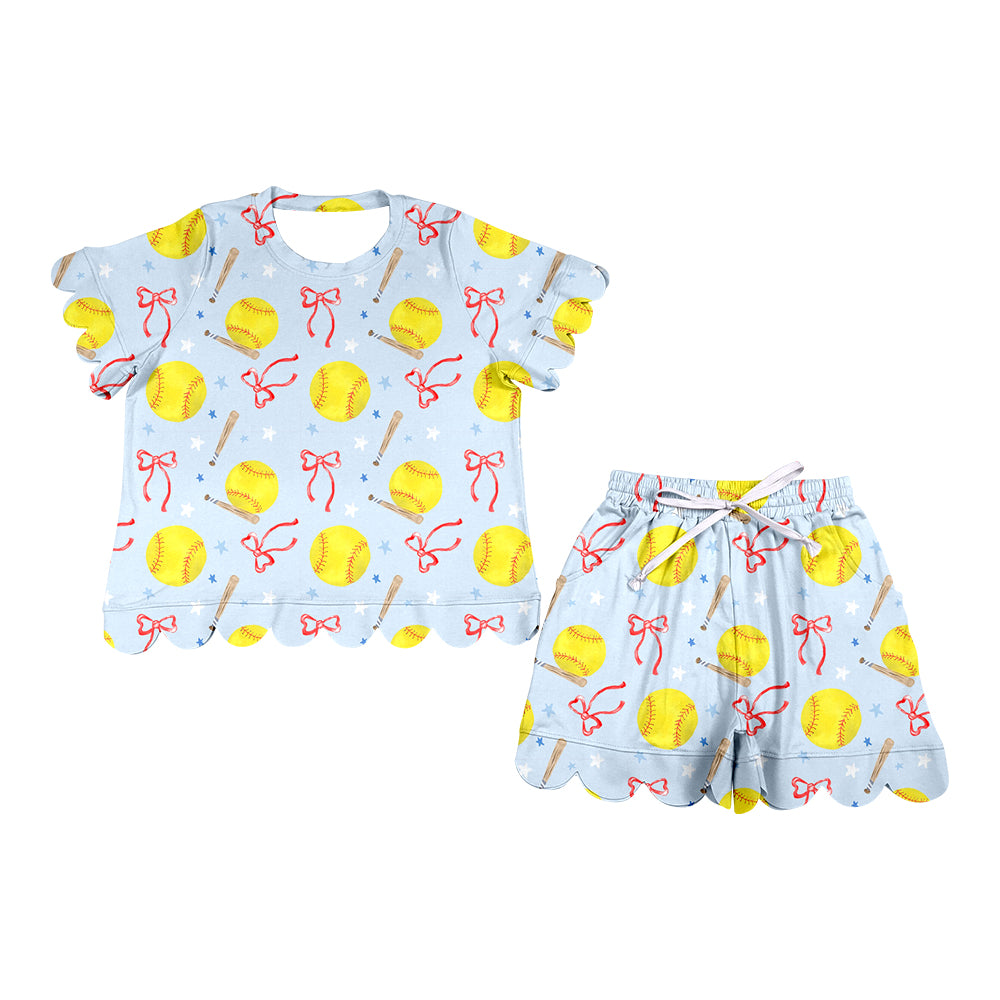 Adult Women Softballs Bows Top Short Team Scallop Clothes Sets Preorder