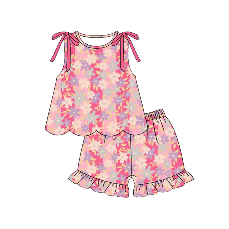 Baby Girls Colorful Flowers Scallop Tunic Ruffle Shorts Clothes Set Preorder