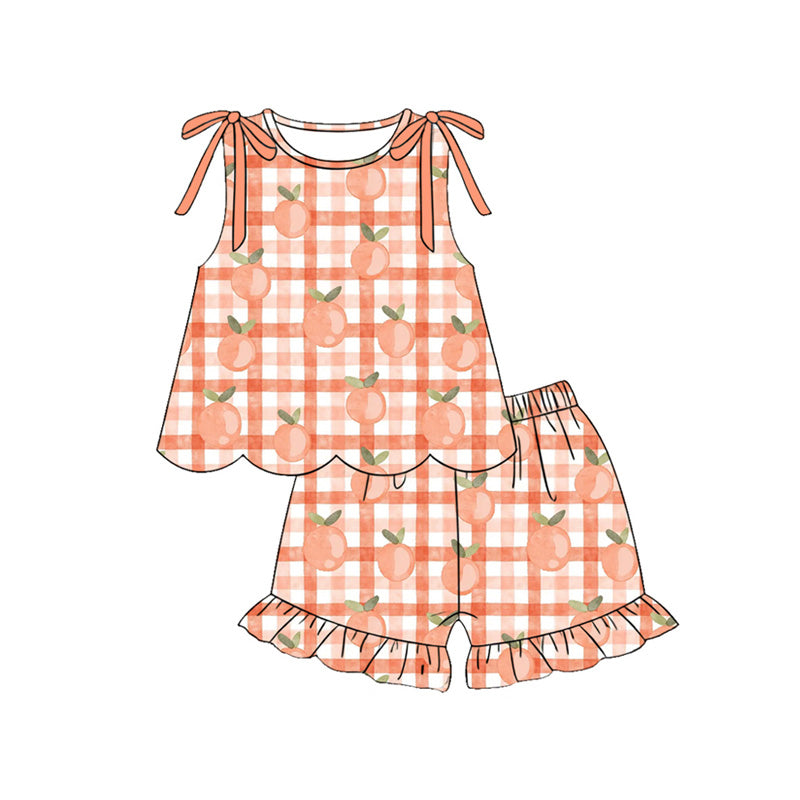Baby Girls Peach Checked Scallop Tunic Ruffle Shorts Clothes Set Preorder