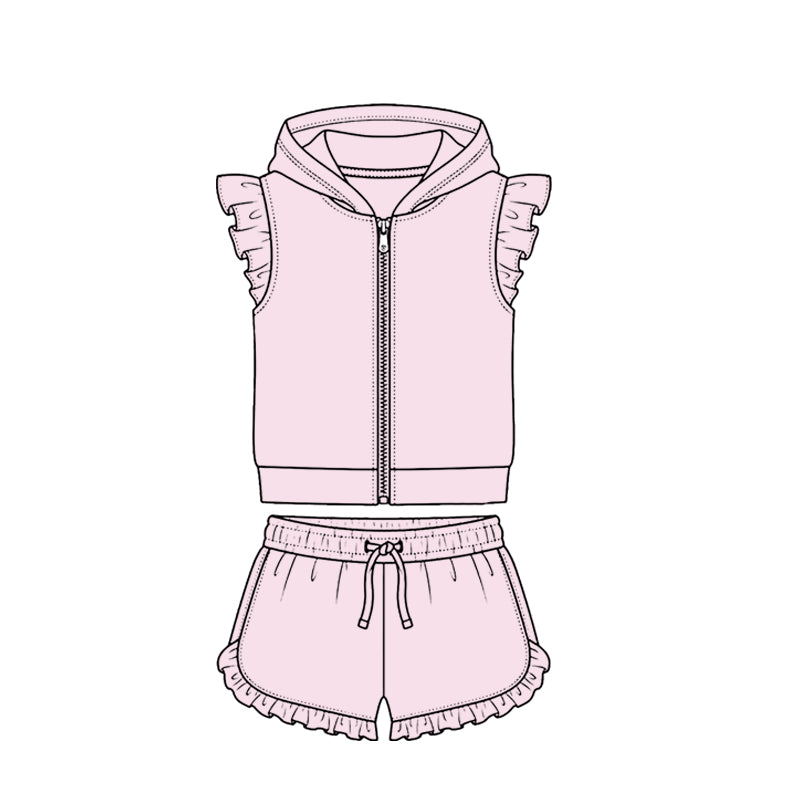 Baby Girls Lavender Zipper Hoodie Jacket Ruffle Shorts Clothes Set Preorder