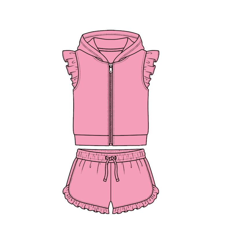 Baby Girls Pink Zipper Hoodie Jacket Ruffle Shorts Clothes Set Preorder