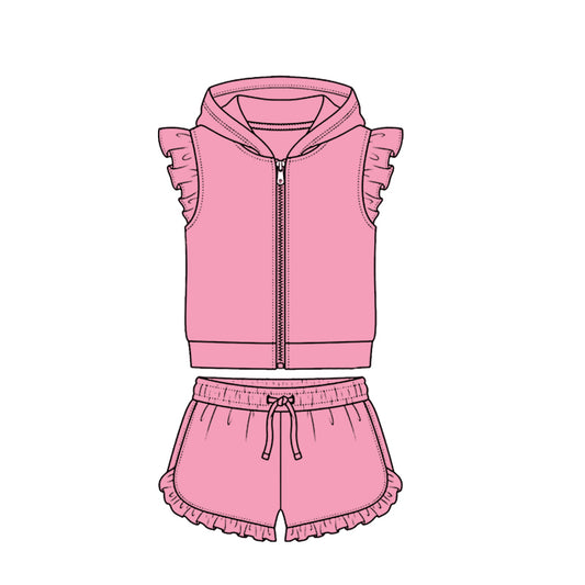 Baby Girls Pink Zipper Hoodie Jacket Ruffle Shorts Clothes Set Preorder