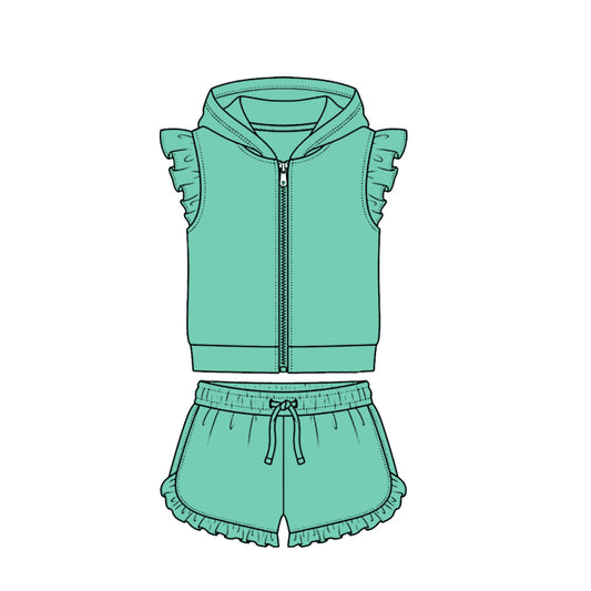 Baby Girls Aqua Zipper Hoodie Jacket Ruffle Shorts Clothes Set Preorder