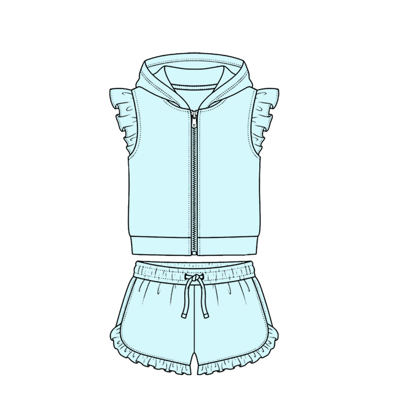 Baby Girls Sky Blue Zipper Hoodie Jacket Ruffle Shorts Clothes Set Preorder