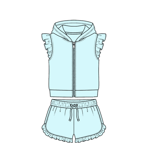 Baby Girls Sky Blue Zipper Hoodie Jacket Ruffle Shorts Clothes Set Preorder