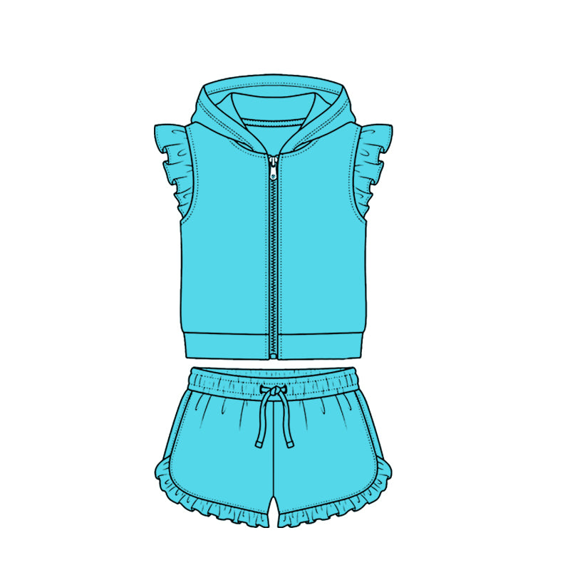 Baby Girls Lack Blue Zipper Hoodie Jacket Ruffle Shorts Clothes Set Preorder