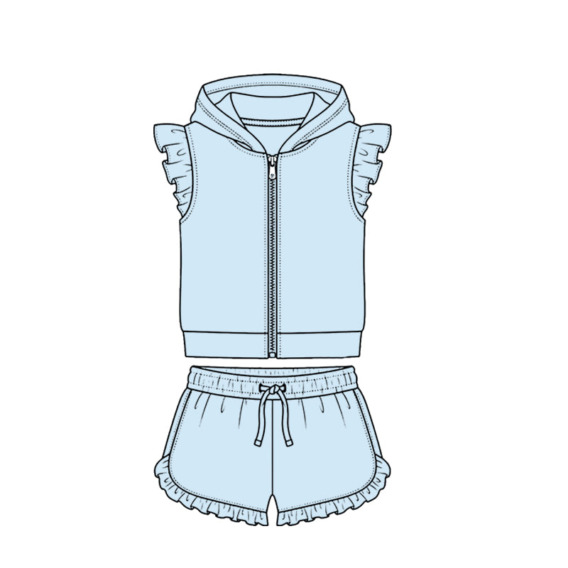Baby Girls Light Blue Zipper Hoodie Jacket Ruffle Shorts Clothes Set Preorder
